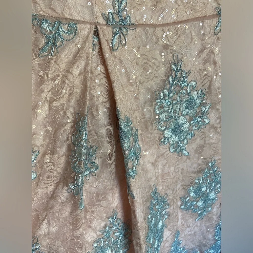 Adrianna Papell Cocktail Dress Blush Pink Baby blue Lace Fit & Flare Sz 18 READ